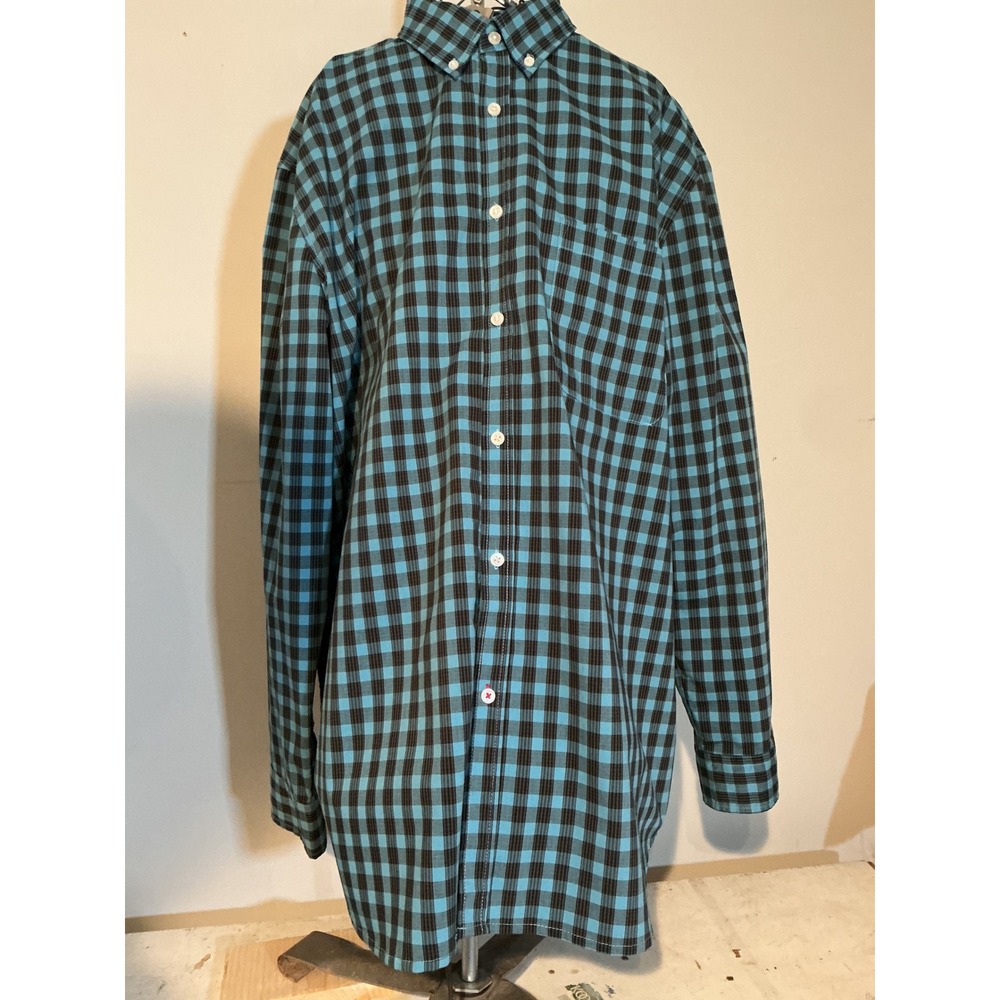 Sun River Clothing Co Mens XL Gingham Check Button Down Shirt Blue Brown Stretch